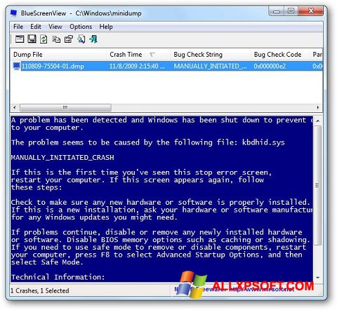 Skærmbillede BlueScreenView Windows XP