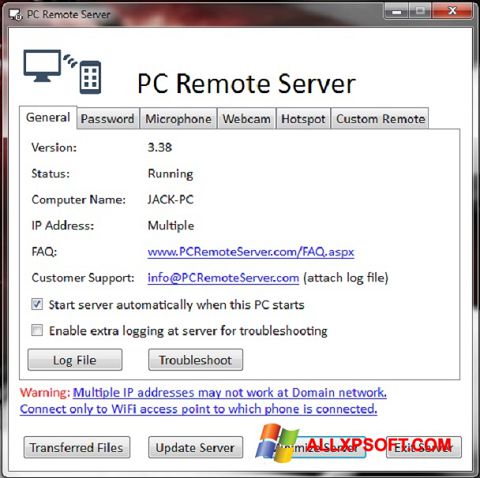 Skærmbillede PC Remote Server Windows XP