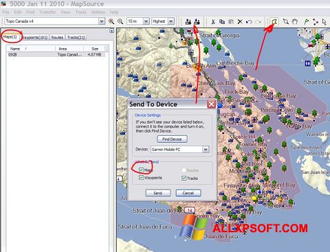 Skærmbillede MapSource Windows XP