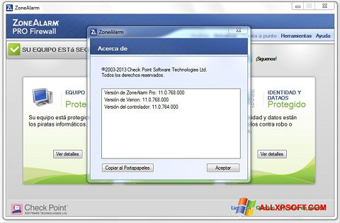Skærmbillede ZoneAlarm Windows XP