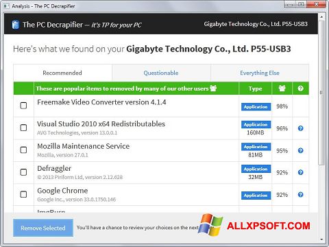 Skærmbillede PC Decrapifier Windows XP