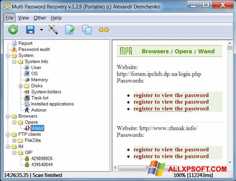 Skærmbillede Multi Password Recovery Windows XP
