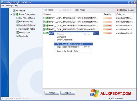 Skærmbillede Auslogics Registry Cleaner Windows XP