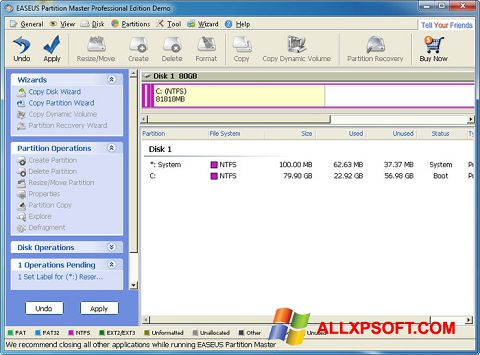 Skærmbillede EASEUS Partition Master Windows XP