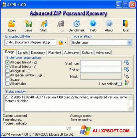 Skærmbillede Advanced Archive Password Recovery Windows XP