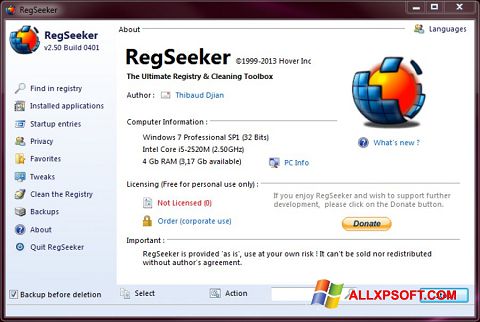 Skærmbillede RegSeeker Windows XP
