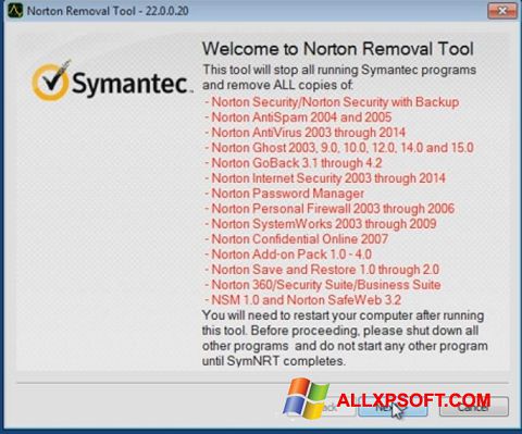 Skærmbillede Norton Removal Tool Windows XP