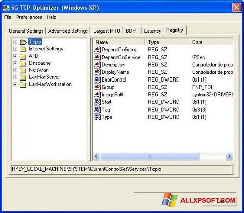 Skærmbillede TCP Optimizer Windows XP