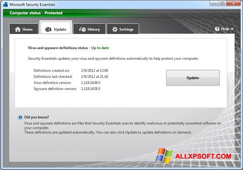 Skærmbillede Microsoft Security Essentials Windows XP